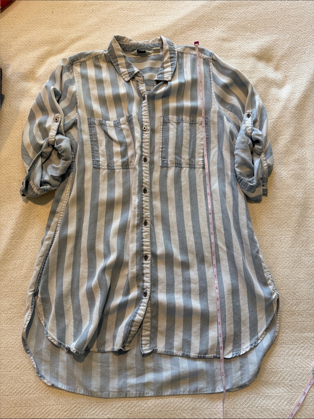 Striped Button-Down Tunic Shirt - Light Stone Blue/White